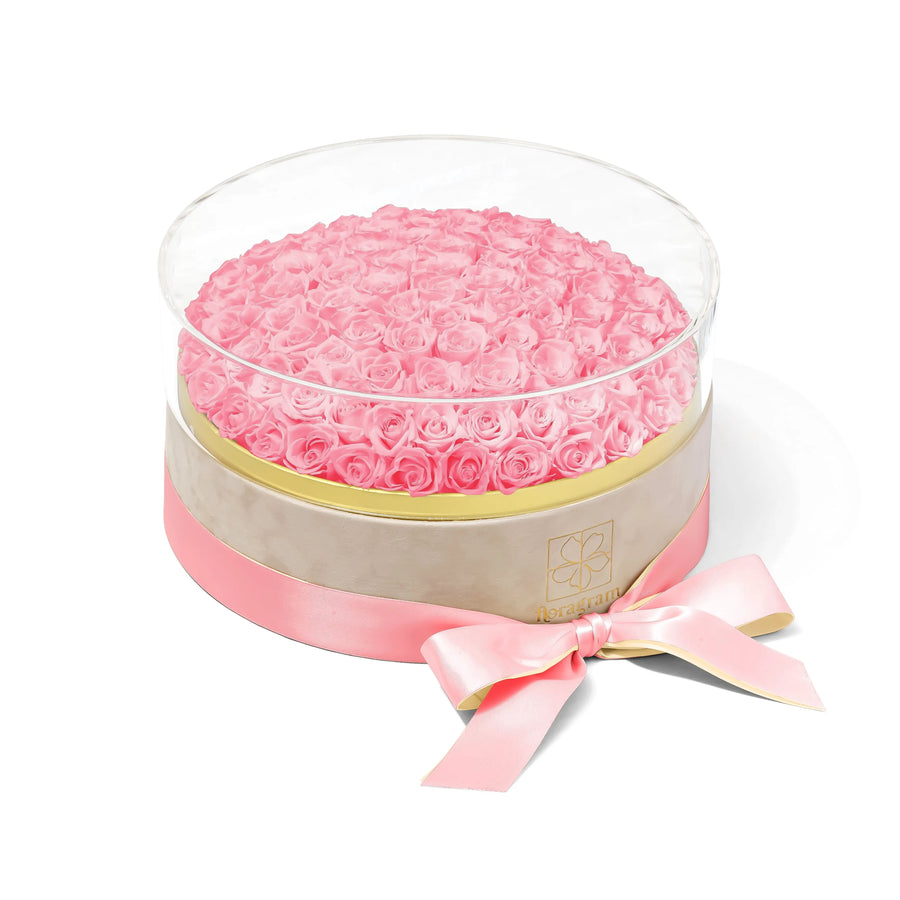 Floragram pink rose box top view — 100 real preserved roses that last 1–3 years