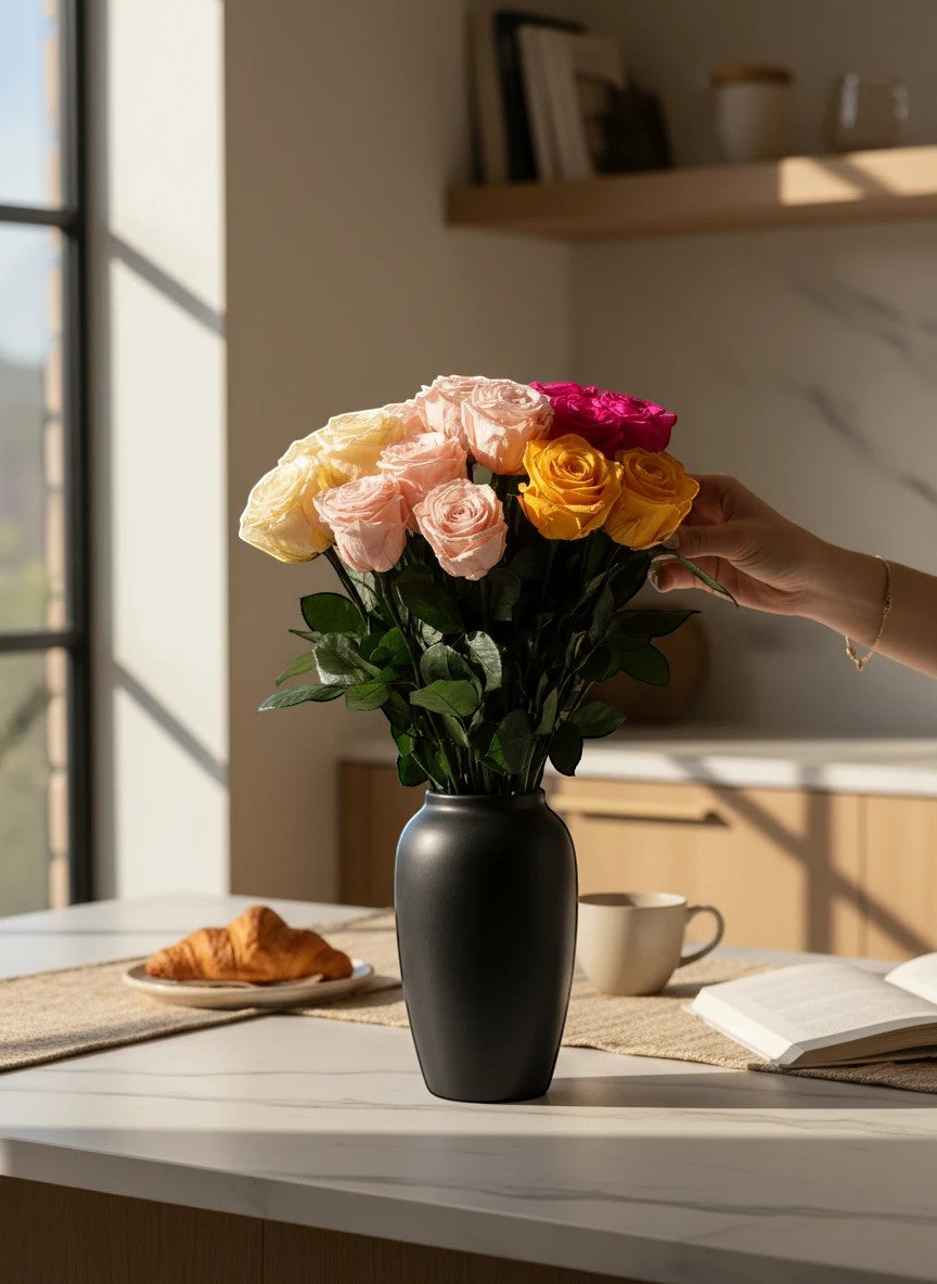 floragram long stem forever roses in a mixed bouquet of pink, yellow, and fuchsia preserved real flowers in a vase.